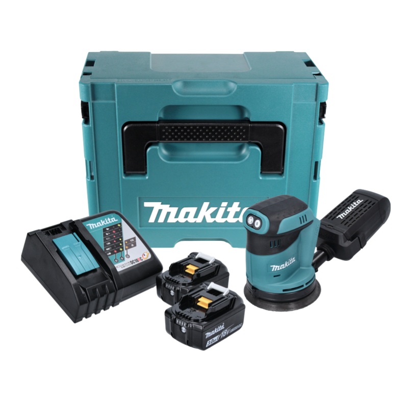 Lijadora excntrica a batera Makita DBO 180 RFJ 18 V 125 mm + 2x bateras 3,0 Ah + cargador + Makpac