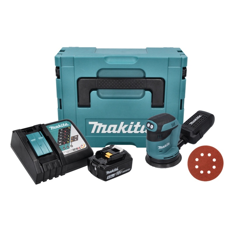 Lijadora excntrica a batera Makita DBO 180 RT1J 18 V 125 mm + 1x batera 5,0 Ah + cargador + 50x papel de lija K 320 + Makpac