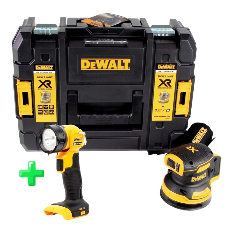 Lijadora excntrica batera DeWalt DCW 210 NT 18V 125mm solo sin escobillas + TSTAK + lmpara batera DeWalt DCL 040 18V XR Li-Ion