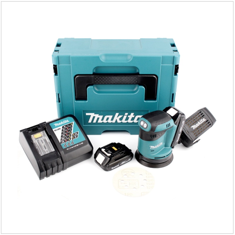 Lijadora excntrica batera Makita DBO 180 RYJ 18 V + 2x bateras 1,5Ah + cargador + Makpac