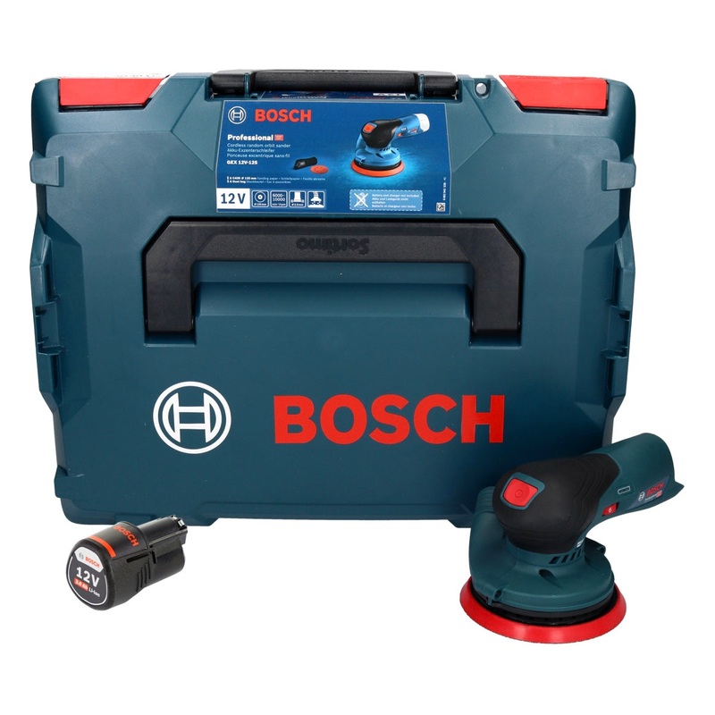 Lijadora excntrica inalmbrica Bosch GEX 12V-125 Professional 12 V 125 mm sin escobillas + 1x batera 3.0 Ah + L-Boxx - sin cargador