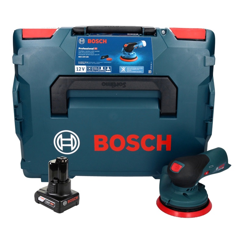 Lijadora excntrica inalmbrica Bosch GEX 12V-125 Professional 12 V 125 mm sin escobillas + 1x batera 6.0 Ah + L-Boxx - sin cargador