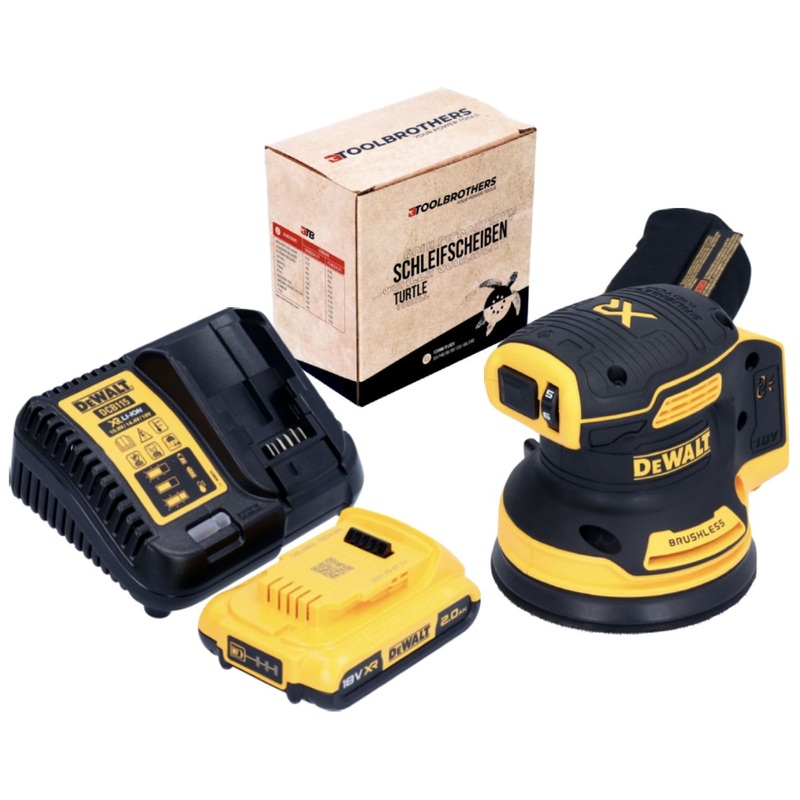 Lijadora excntrica inalmbrica DeWalt DCW 210 D1 18 V 125 mm sin escobillas + 1x batera 2.0 Ah + cargador + 1x Juego de discos de desbaste Toolbrothers TURTLE