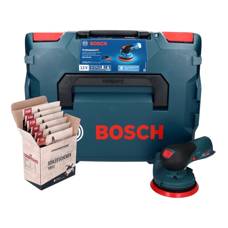 Lijadora excntrica inalmbrica profesional Bosch GEX 12V-125 12 V 125 mm sin escobillas + L-Boxx (0601372100) + Juego de pulido Toolbrothers TURTLE - sin batera, sin cargador