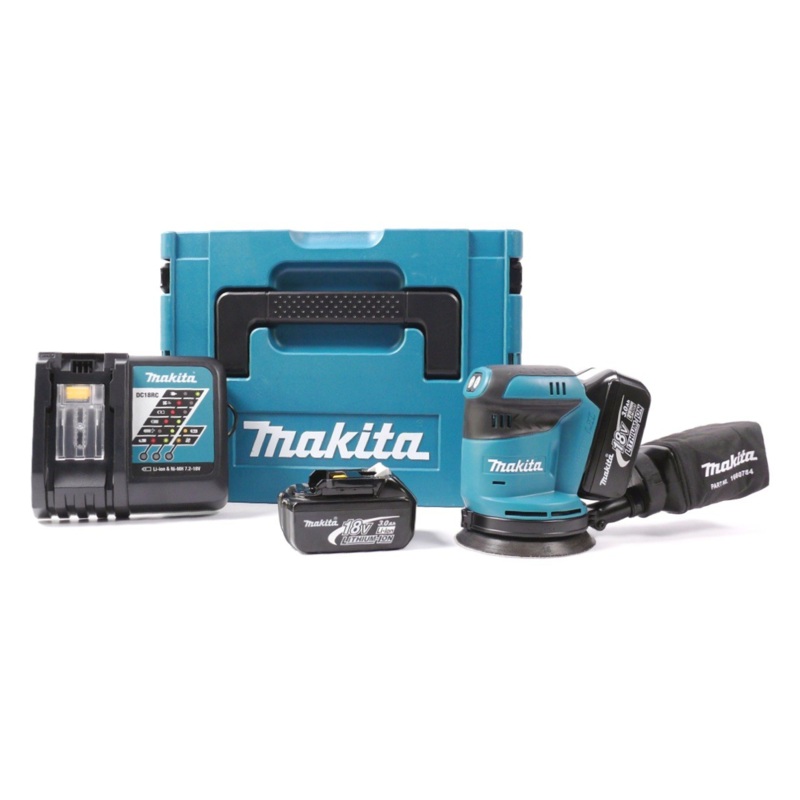 Lijadora excntrica Makita BBO 180 RFJ batera Li-ion 18V + 2x batera 3.0Ah + cargador + Makpac