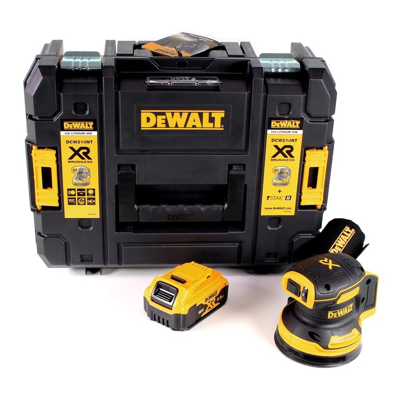 Lijadora orbital a batera DeWalt DCW 210 NT 18V 125mm brushless + 1x batera 5.0Ah + TSTAK - sin cargador