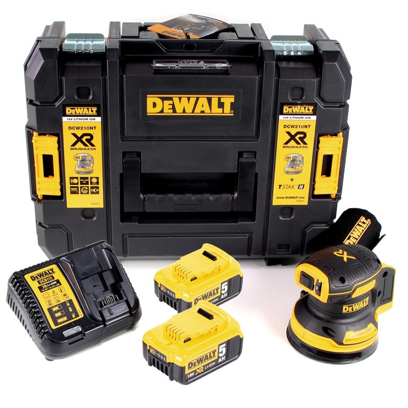 Lijadora orbital a batera DeWalt DCW 210 P2 brushless 18V 12.000rpm 125mm + 2x bateras 5,0 Ah + 1x cargador rpido en TSTAK