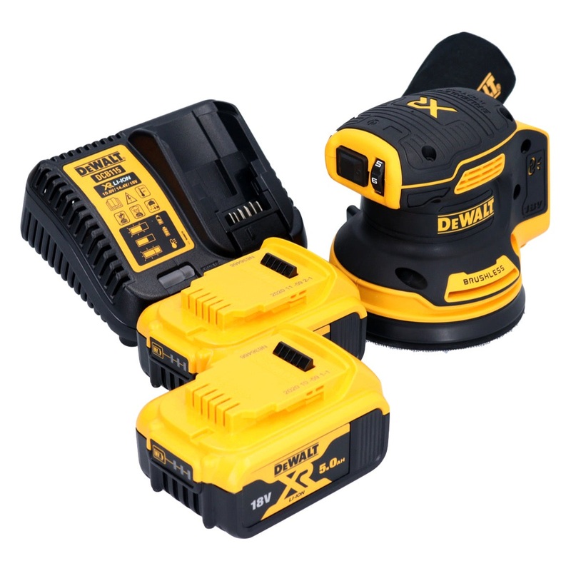 Lijadora orbital de batera DeWalt DCW 210 P2 18 V 125 mm sin escobillas + 2x batera 5.0 Ah + cargador