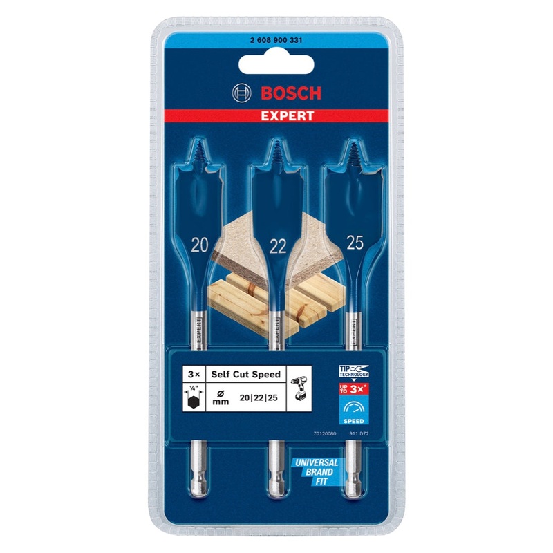 Juego de brocas de fresado plano Bosch EXPERT SelfCut Speed 20/22/25 mm 3 piezas (2608900331) para madera - sucesor de 2608587011