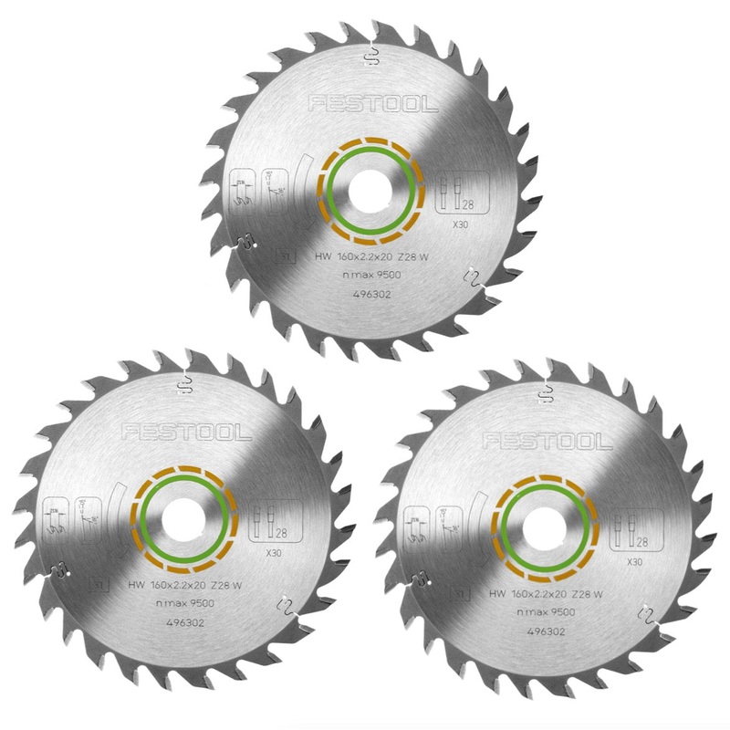 3x Festool hoja de sierra circular universal W28 160 x 2,2 x 20 mm 160 mm 28 dientes (496302) TS TSC ATF AP