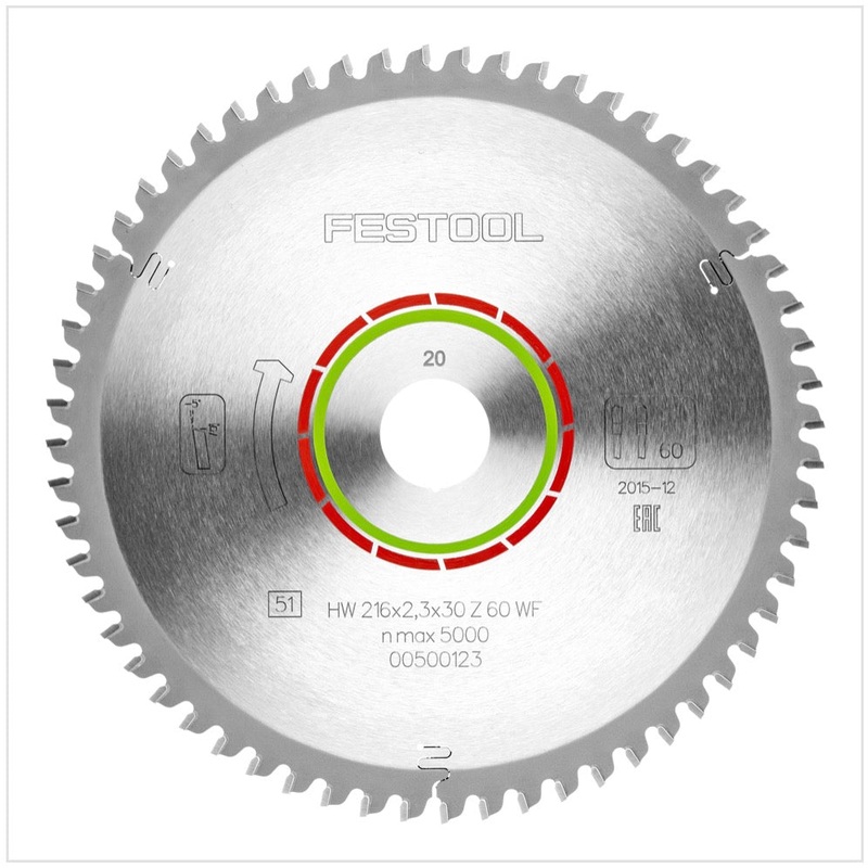 Hoja de sierra circular especial Festool HW 216 x 30 x 2,3 mm WZ/FA60 216 mm 60 dientes (500123)