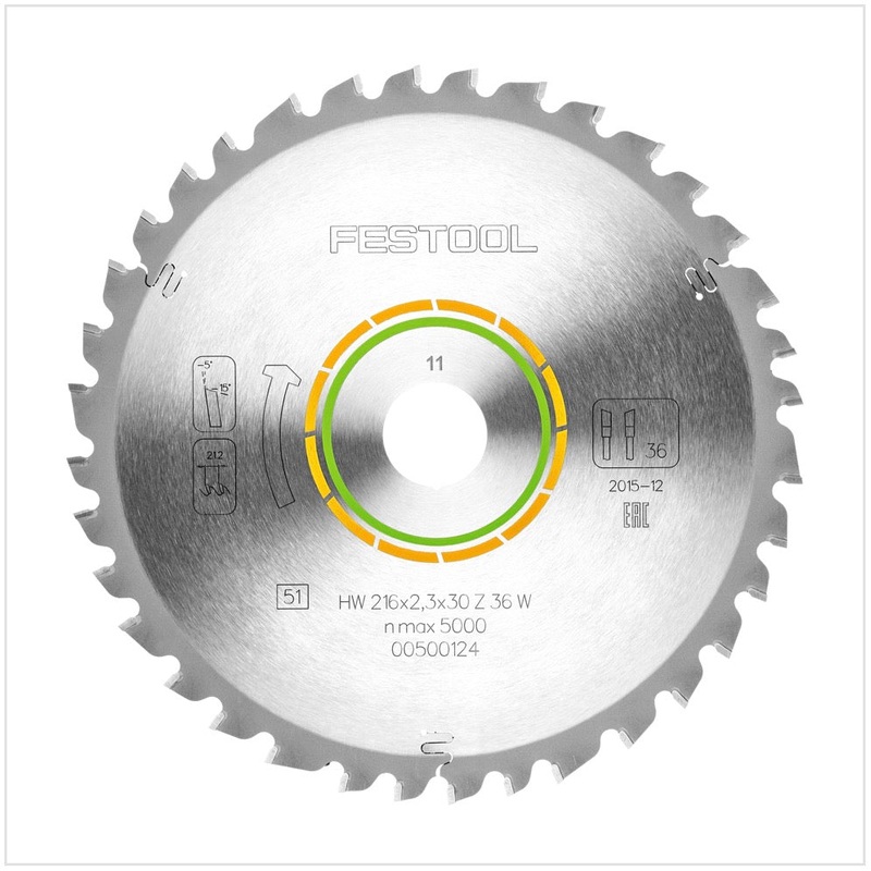 Hoja de sierra circular universal Festool HW 216 x 30 x 2,3 mm W36 216 mm 36 dientes (500124)