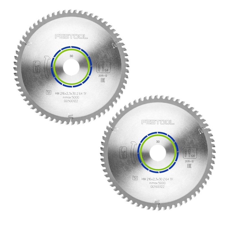 Juego de hojas de sierra circular especial Festool 2x HW 216 x 30 x 2,3 mm TF64 216 mm (2x 500122) 64 dientes