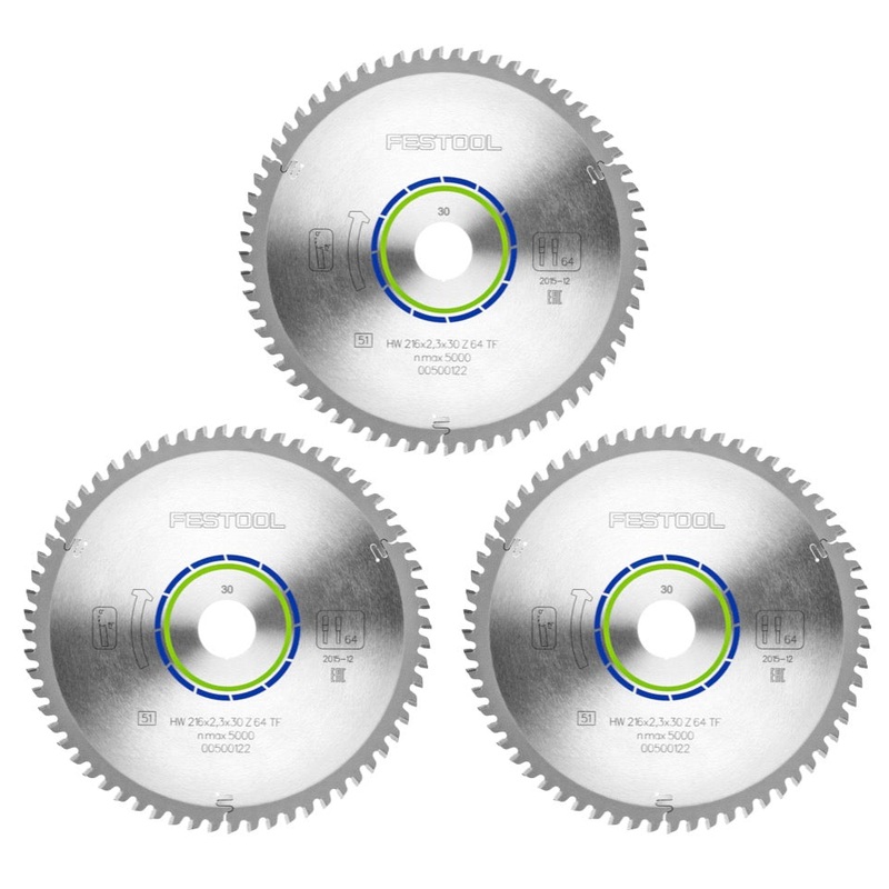 Juego de hojas de sierra circular especial Festool 3x HW 216 x 30 x 2,3 mm TF64 216 mm (3x 500122) 64 dientes
