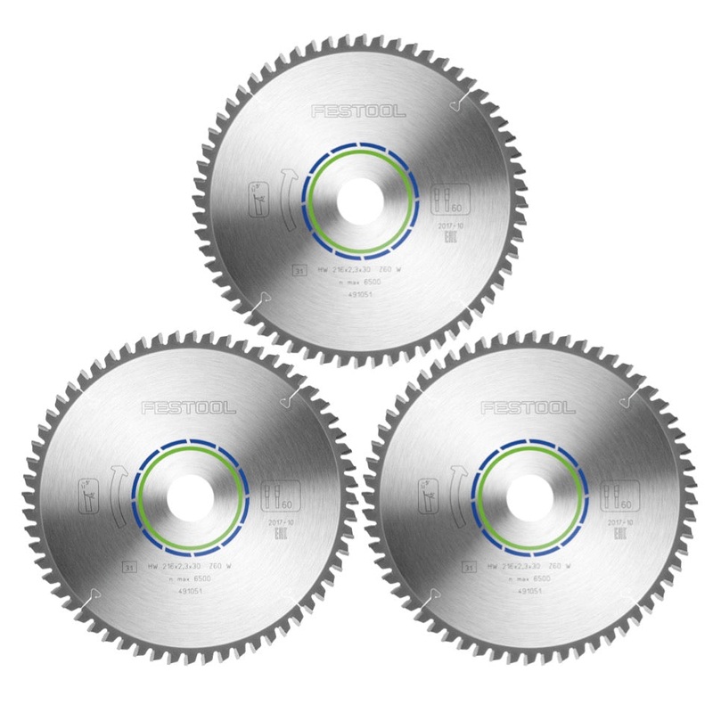 Juego de hojas de sierra circular especial Festool 3x HW 216 x 30 x 2,3 mm W60 (3x 491051) 216 mm 60 dientes
