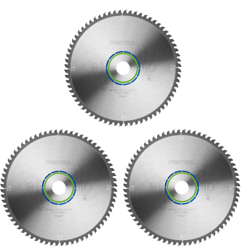 3x Festool hoja de sierra circular especial TF68 aluminio plstico 260 x 2,4 x 30 mm (494607) 260 mm 68 dientes para KS 88 120