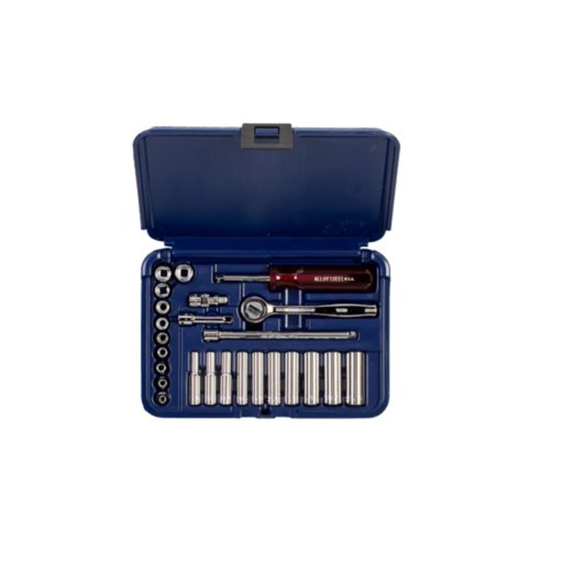 Wright Tool 223-MC 1/4" Drive 25 Piece Blow Mold Case Set - 6 Point Standard Sockets 5/32" - 1/2", 6 Point Deep Sockets 3/16" - 1/2", 12 Pt Deep Socket  9/16", Ratchet, Spinner, Universal, 2" & 6" Extensions