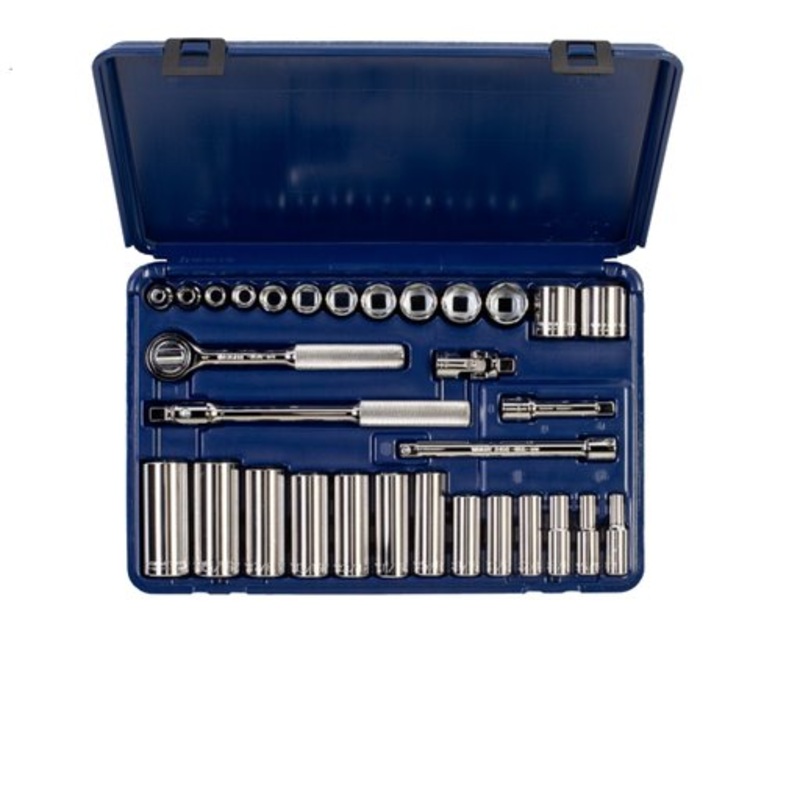 Wright Tool 339-MC 3/8" Drive 31 Piece Blow Mold Case Set - 6 Point Standard & Deep Sockets, 1/4" - 1", Ratchet, Flex Handle, 3", 6" Extensions, Universal