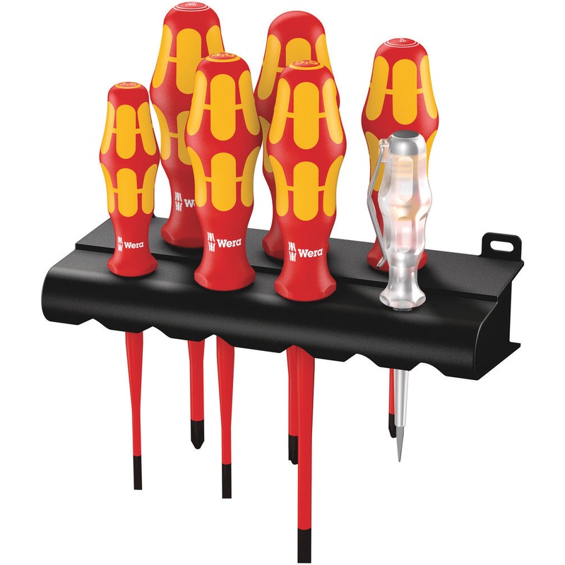Wera 05006480001 160 iS/7 Rack Screwdriver set Kraftform Plus Series 100, single-pole phase tester and rack. With reduced blade diameter, 7 pieces