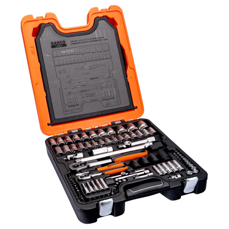 Bahco S108 1/4" and 1/2" Square Drive Socket Set with Combination Spanner Set/Socket Drivers