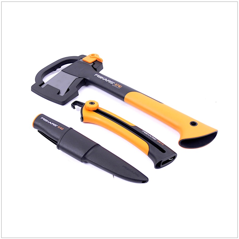 Set Fiskars - Hacha universal X 7 + Sierra de mano SW 73 + Cuchillo universal K 40 incl. bolsa de transporte (129039)