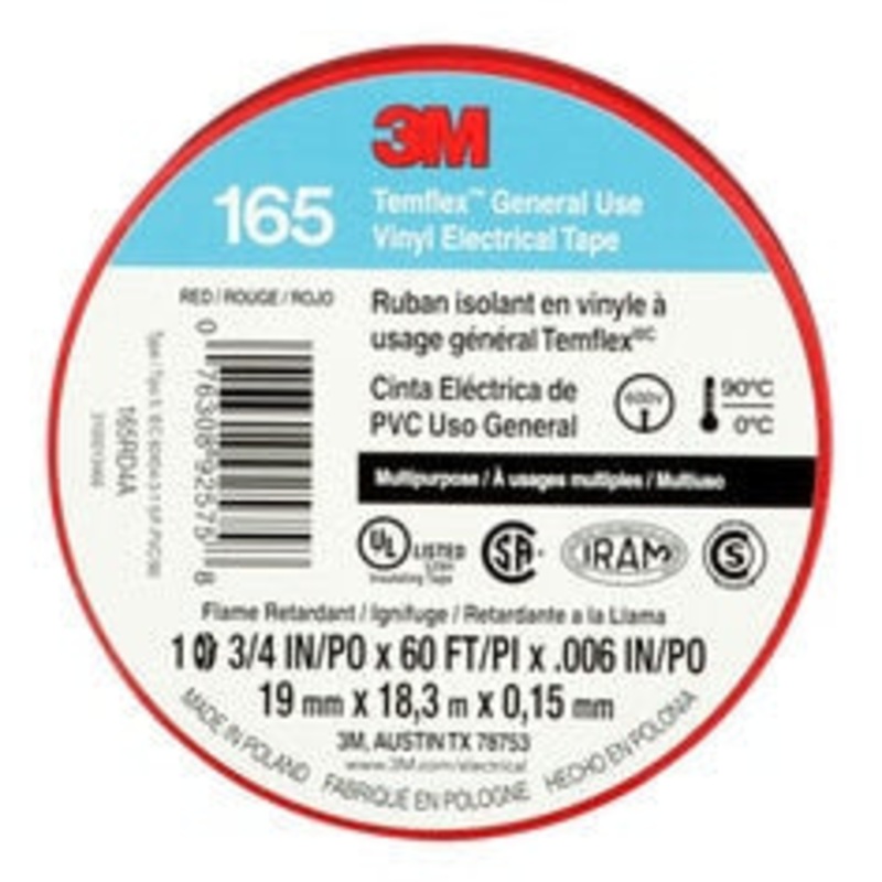 3M Temflex Vinyl Electrical Tape 165, Red