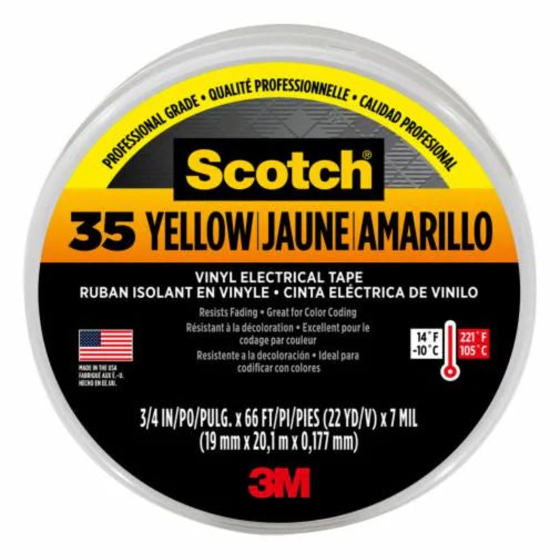 Scotch #35 Yellow Vinyl Electrical Tape 10844-DL-5, 3/4 in x 66 ft x 0.007 in